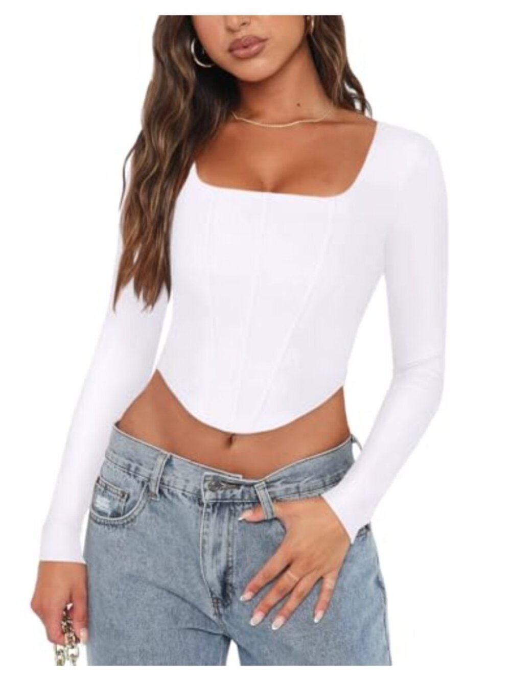 Square Neck Long Sleeve Backless Corset Crop Top Bustier